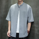 Buddha Stones Summer Casual Mandarin Collar Pinstripe Pattern Button Up Men's Short Sleeve Shirts