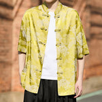 Buddha Stones Summer Tang Style Frog Button Animal Patterns Men's Short Sleeve Shirts