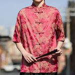 Buddha Stones Summer Tang Style Frog Button Animal Patterns Men's Short Sleeve Shirts