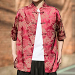 Buddha Stones Summer Tang Style Frog Button Animal Patterns Men's Short Sleeve Shirts