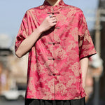 Buddha Stones Summer Tang Style Frog Button Animal Patterns Men's Short Sleeve Shirts