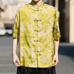 Buddha Stones Summer Tang Style Frog Button Animal Patterns Men's Short Sleeve Shirts