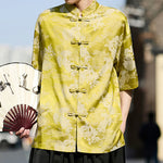 Buddha Stones Summer Tang Style Frog Button Animal Patterns Men's Short Sleeve Shirts