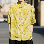 Buddha Stones Summer Tang Style Frog Button Animal Patterns Men's Short Sleeve Shirts