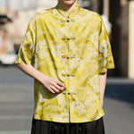 Buddha Stones Summer Tang Style Frog Button Animal Patterns Men's Short Sleeve Shirts