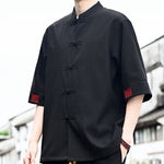 Buddha Stones Summer Tang Style Frog Button Solid Men's Short Sleeve Shirts