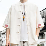 Buddha Stones Summer Tang Style Frog Button Solid Men's Short Sleeve Shirts