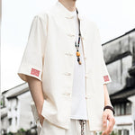 Buddha Stones Summer Tang Style Frog Button Solid Men's Short Sleeve Shirts