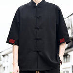 Buddha Stones Summer Tang Style Frog Button Solid Men's Short Sleeve Shirts