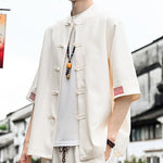 Buddha Stones Summer Tang Style Frog Button Solid Men's Short Sleeve Shirts