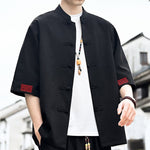Buddha Stones Summer Tang Style Frog Button Solid Men's Short Sleeve Shirts