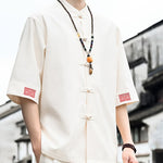 Buddha Stones Summer Tang Style Frog Button Solid Men's Short Sleeve Shirts