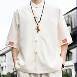 Buddha Stones Summer Tang Style Frog Button Solid Men's Short Sleeve Shirts