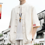 Buddha Stones Summer Tang Style Frog Button Solid Men's Short Sleeve Shirts