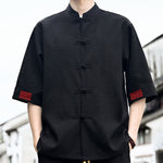 Buddha Stones Summer Tang Style Frog Button Solid Men's Short Sleeve Shirts