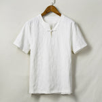 Buddha Stones Summer Tang Style One Frog Button Solid Leaf Texture Men's Short Sleeve Shirts