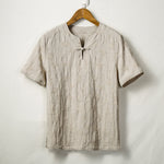 Buddha Stones Summer Tang Style One Frog Button Solid Leaf Texture Men's Short Sleeve Shirts