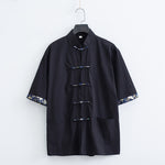 Buddha Stones Summer Tang Style Mandarin Collar Frog Button Solid Men's Short Sleeve Shirt With Pockets