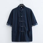 Buddha Stones Summer Tang Style Mandarin Collar Frog Button Solid Men's Short Sleeve Shirt With Pockets