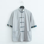 Buddha Stones Summer Tang Style Mandarin Collar Frog Button Solid Men's Short Sleeve Shirt With Pockets
