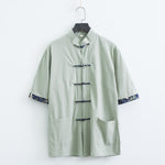 Buddha Stones Summer Tang Style Mandarin Collar Frog Button Solid Men's Short Sleeve Shirt With Pockets