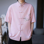 Buddha Stones Summer Tang Style Mandarin Collar Frog Button Bamboo Embroidery Men's Short Sleeve Shirts