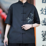 Buddha Stones Summer Tang Style Mandarin Collar Frog Button Bamboo Embroidery Men's Short Sleeve Shirts