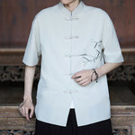 Buddha Stones Summer Tang Style Mandarin Collar Frog Button Bamboo Embroidery Men's Short Sleeve Shirts