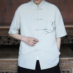 Buddha Stones Summer Tang Style Mandarin Collar Frog Button Bamboo Embroidery Men's Short Sleeve Shirts