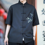Buddha Stones Summer Tang Style Mandarin Collar Frog Button Bamboo Embroidery Men's Short Sleeve Shirts