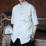 Buddha Stones Summer Tang Style Mandarin Collar Frog Button Bamboo Embroidery Men's Short Sleeve Shirts
