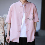 Buddha Stones Summer Tang Style Mandarin Collar Frog Button Bamboo Embroidery Men's Short Sleeve Shirts