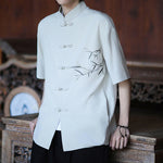 Buddha Stones Summer Tang Style Mandarin Collar Frog Button Bamboo Embroidery Men's Short Sleeve Shirts