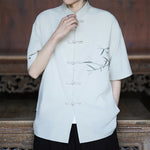 Buddha Stones Summer Tang Style Mandarin Collar Frog Button Bamboo Embroidery Men's Short Sleeve Shirts