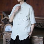 Buddha Stones Summer Tang Style Mandarin Collar Frog Button Bamboo Embroidery Men's Short Sleeve Shirts