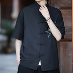 Buddha Stones Summer Tang Style Mandarin Collar Frog Button Bamboo Embroidery Men's Short Sleeve Shirts