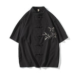 Buddha Stones Summer Tang Style Mandarin Collar Frog Button Bamboo Embroidery Men's Short Sleeve Shirts