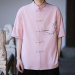 Buddha Stones Summer Tang Style Mandarin Collar Frog Button Bamboo Embroidery Men's Short Sleeve Shirts
