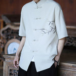 Buddha Stones Summer Tang Style Mandarin Collar Frog Button Bamboo Embroidery Men's Short Sleeve Shirts