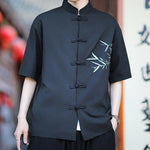 Buddha Stones Summer Tang Style Mandarin Collar Frog Button Bamboo Embroidery Men's Short Sleeve Shirts