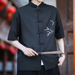Buddha Stones Summer Tang Style Mandarin Collar Frog Button Bamboo Embroidery Men's Short Sleeve Shirts