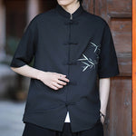 Buddha Stones Summer Tang Style Mandarin Collar Frog Button Bamboo Embroidery Men's Short Sleeve Shirts