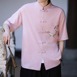 Buddha Stones Summer Tang Style Mandarin Collar Frog Button Bamboo Embroidery Men's Short Sleeve Shirts
