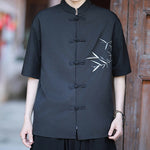 Buddha Stones Summer Tang Style Mandarin Collar Frog Button Bamboo Embroidery Men's Short Sleeve Shirts