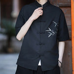 Buddha Stones Summer Tang Style Mandarin Collar Frog Button Bamboo Embroidery Men's Short Sleeve Shirts