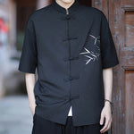 Buddha Stones Summer Tang Style Mandarin Collar Frog Button Bamboo Embroidery Men's Short Sleeve Shirts