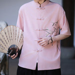 Buddha Stones Summer Tang Style Mandarin Collar Frog Button Bamboo Embroidery Men's Short Sleeve Shirts