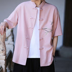 Buddha Stones Summer Tang Style Mandarin Collar Frog Button Bamboo Embroidery Men's Short Sleeve Shirts