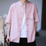 Buddha Stones Summer Tang Style Mandarin Collar Frog Button Bamboo Embroidery Men's Short Sleeve Shirts