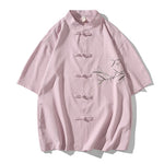 Buddha Stones Summer Tang Style Mandarin Collar Frog Button Bamboo Embroidery Men's Short Sleeve Shirts